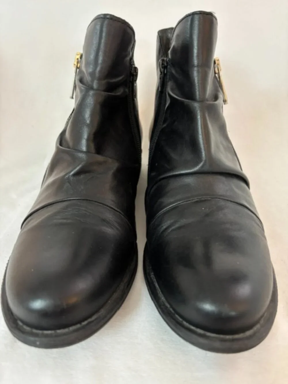 Miz Mooz Logic Black Leather Ruched Dual Zipper Ankle Boot Women's 38 (7.5 US)